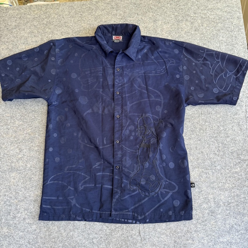 Ecko Shirt Mens XL Blue Button Up Embroidered Graphic Hip‎ Hop Loop Collar